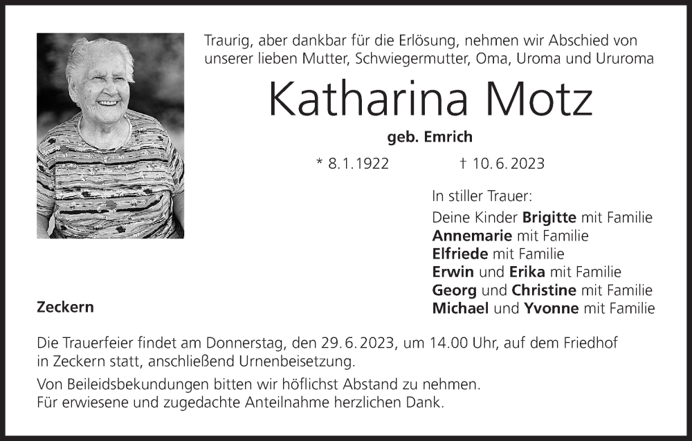  Traueranzeige für Katharina Motz vom 27.06.2023 aus MGO