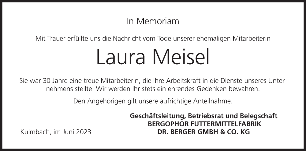  Traueranzeige für Laura Meisel vom 06.06.2023 aus MGO
