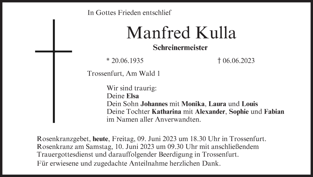  Traueranzeige für Manfred Kulla vom 09.06.2023 aus MGO