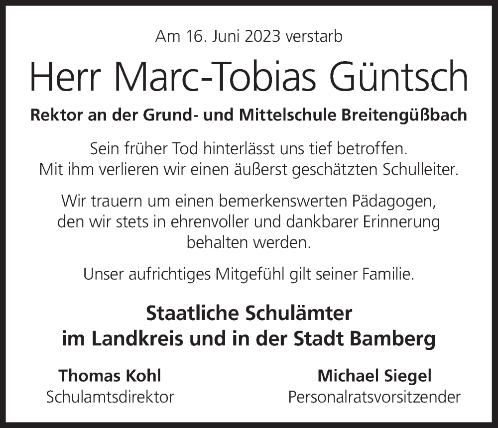  Traueranzeige für Marc-Tobias Güntsch vom 24.06.2023 aus MGO