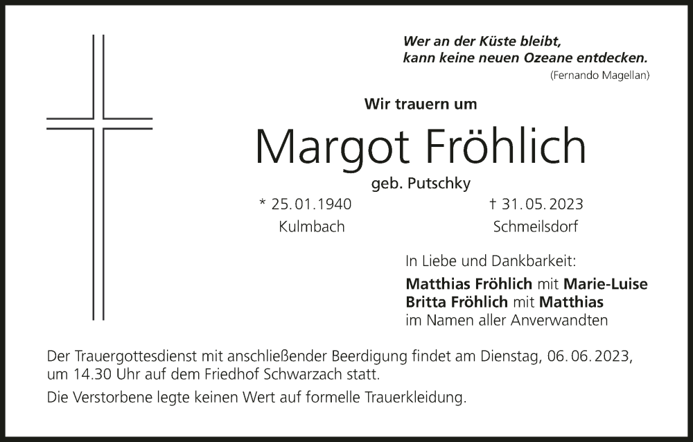  Traueranzeige für Margot Fröhlich vom 03.06.2023 aus MGO