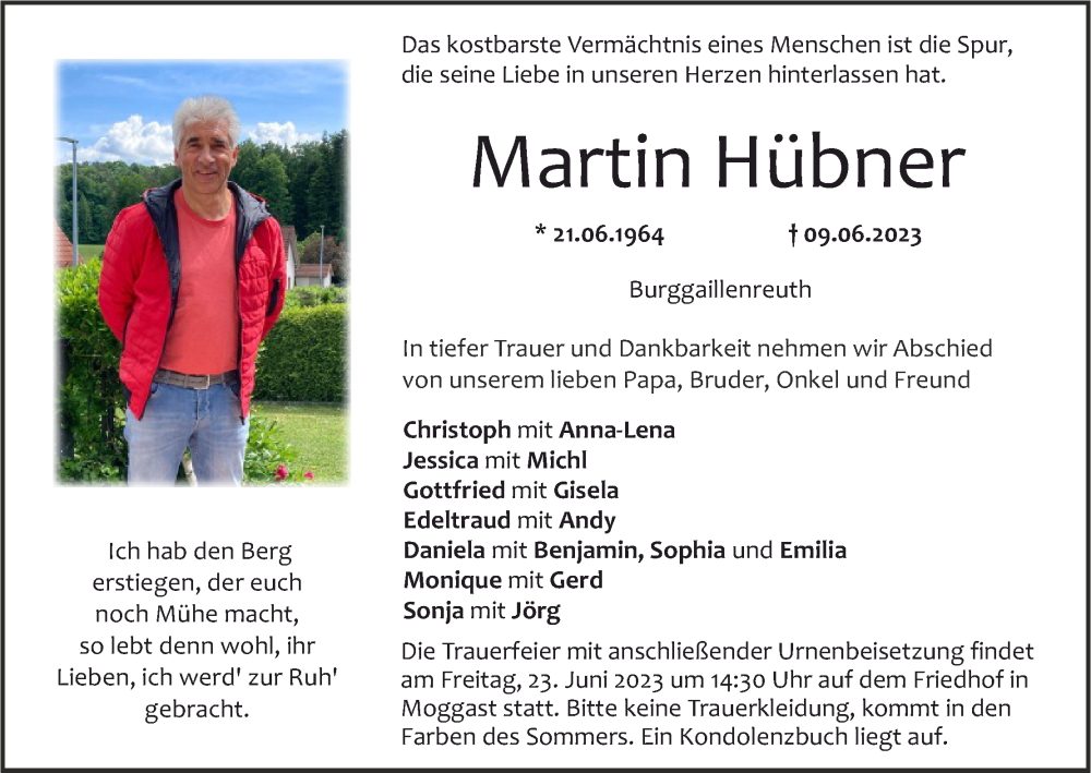  Traueranzeige für Martin Hübner vom 17.06.2023 aus MGO