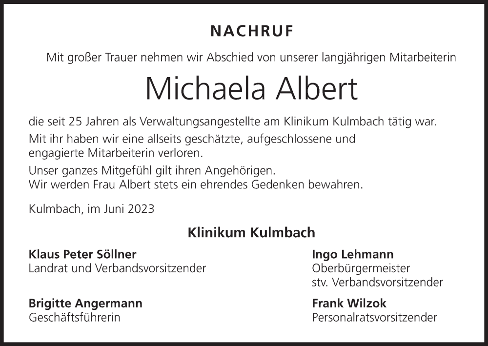  Traueranzeige für Michaela Albert vom 24.06.2023 aus MGO