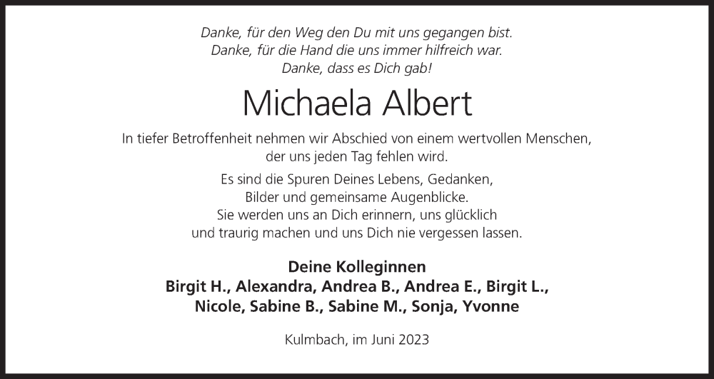  Traueranzeige für Michaela Albert vom 24.06.2023 aus MGO