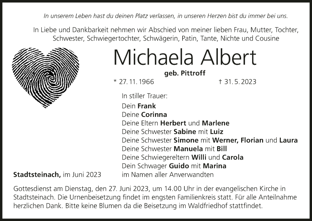  Traueranzeige für Michaela Albert vom 24.06.2023 aus MGO