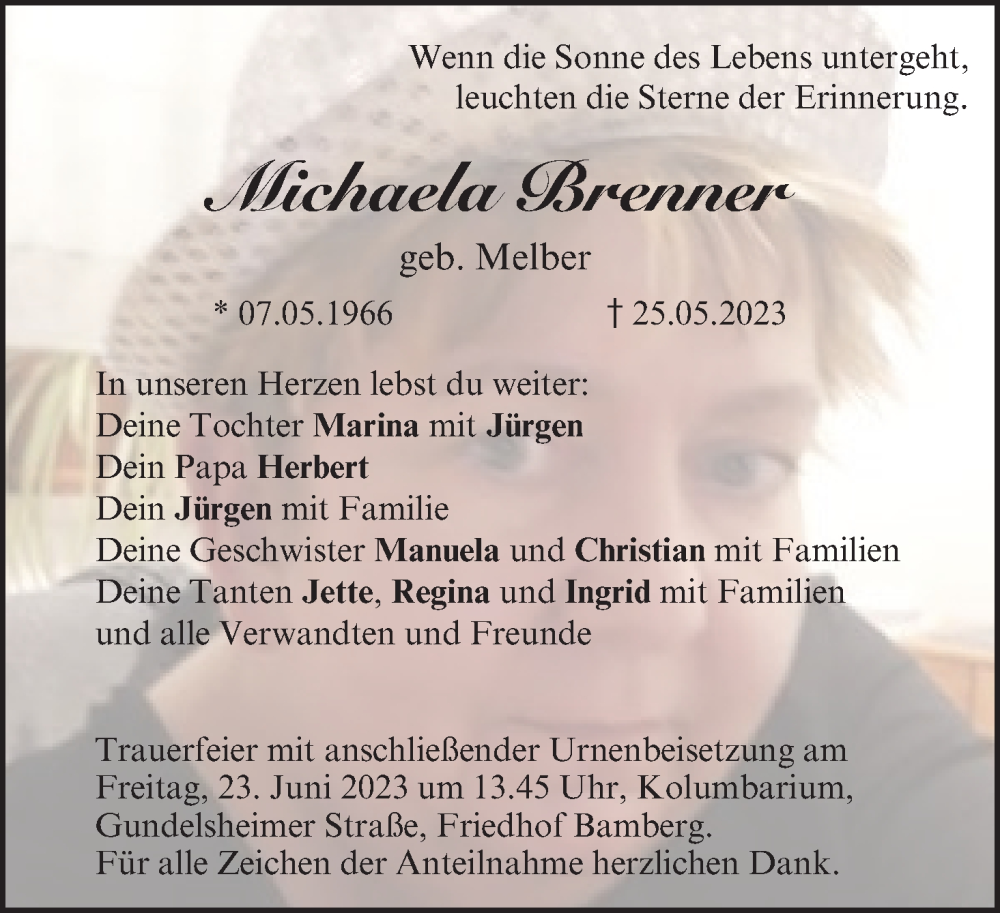  Traueranzeige für Michaela Brenner vom 17.06.2023 aus MGO