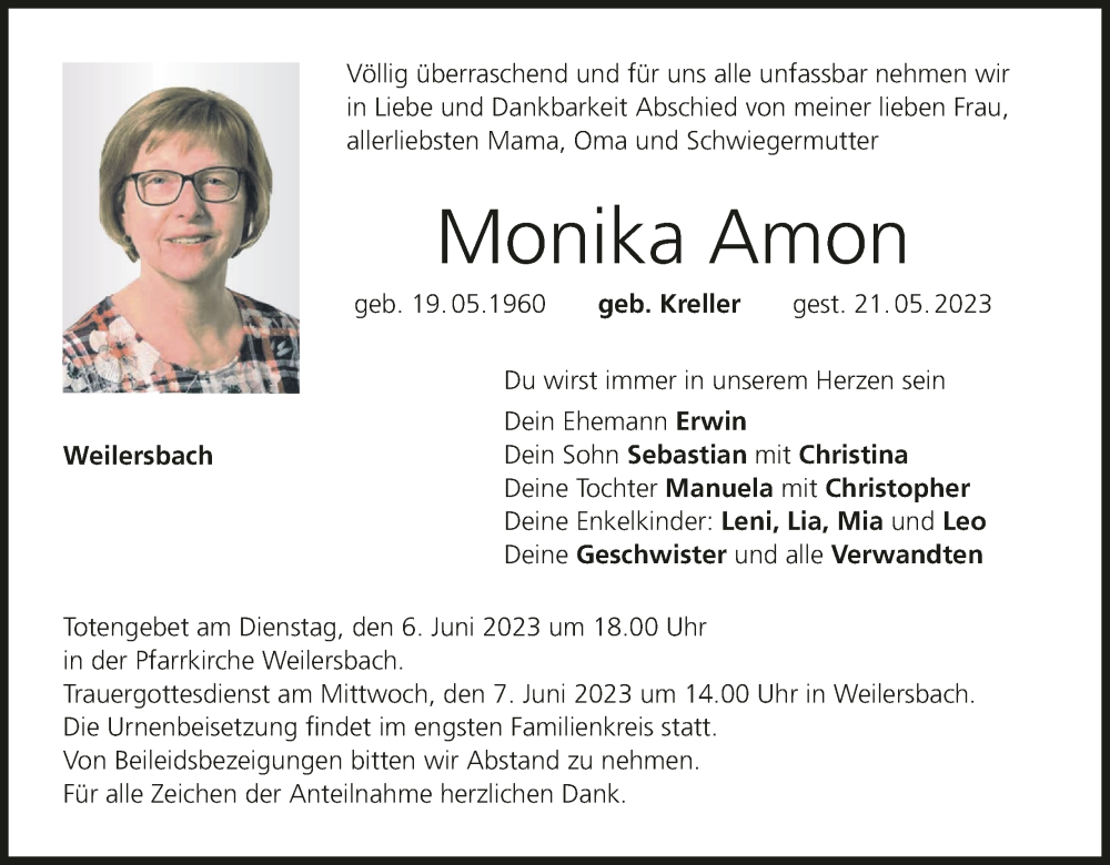  Traueranzeige für Monika Amon vom 03.06.2023 aus MGO