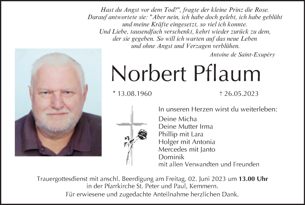  Traueranzeige für Norbert Pflaum vom 31.05.2023 aus MGO