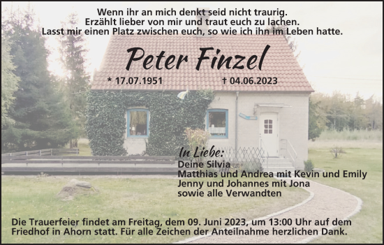 Anzeige von Peter Finzel von MGO