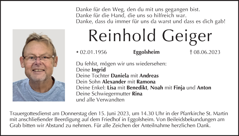  Traueranzeige für Reinhold Geiger vom 13.06.2023 aus MGO