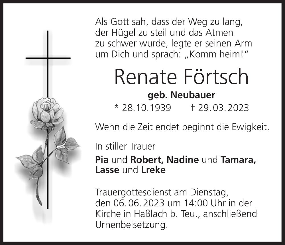  Traueranzeige für Renate Förtsch vom 02.06.2023 aus MGO