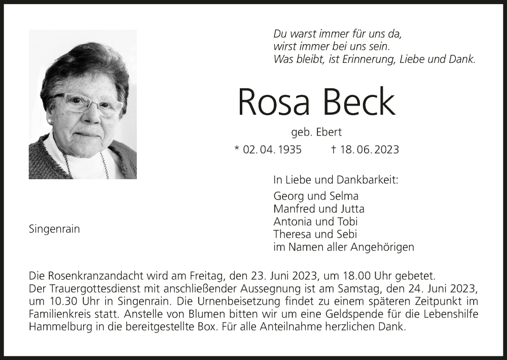 Rosa Beck | Traueranzeige | trauer.inFranken.de