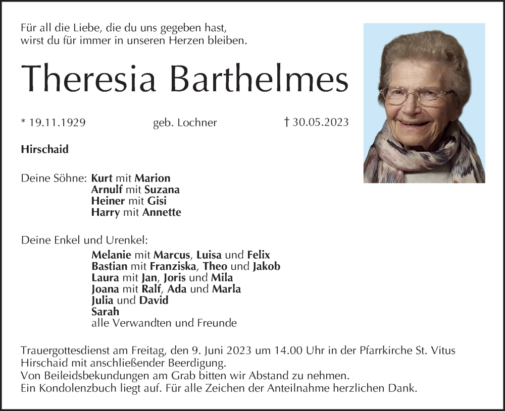  Traueranzeige für Theresia Barthelmes vom 03.06.2023 aus MGO