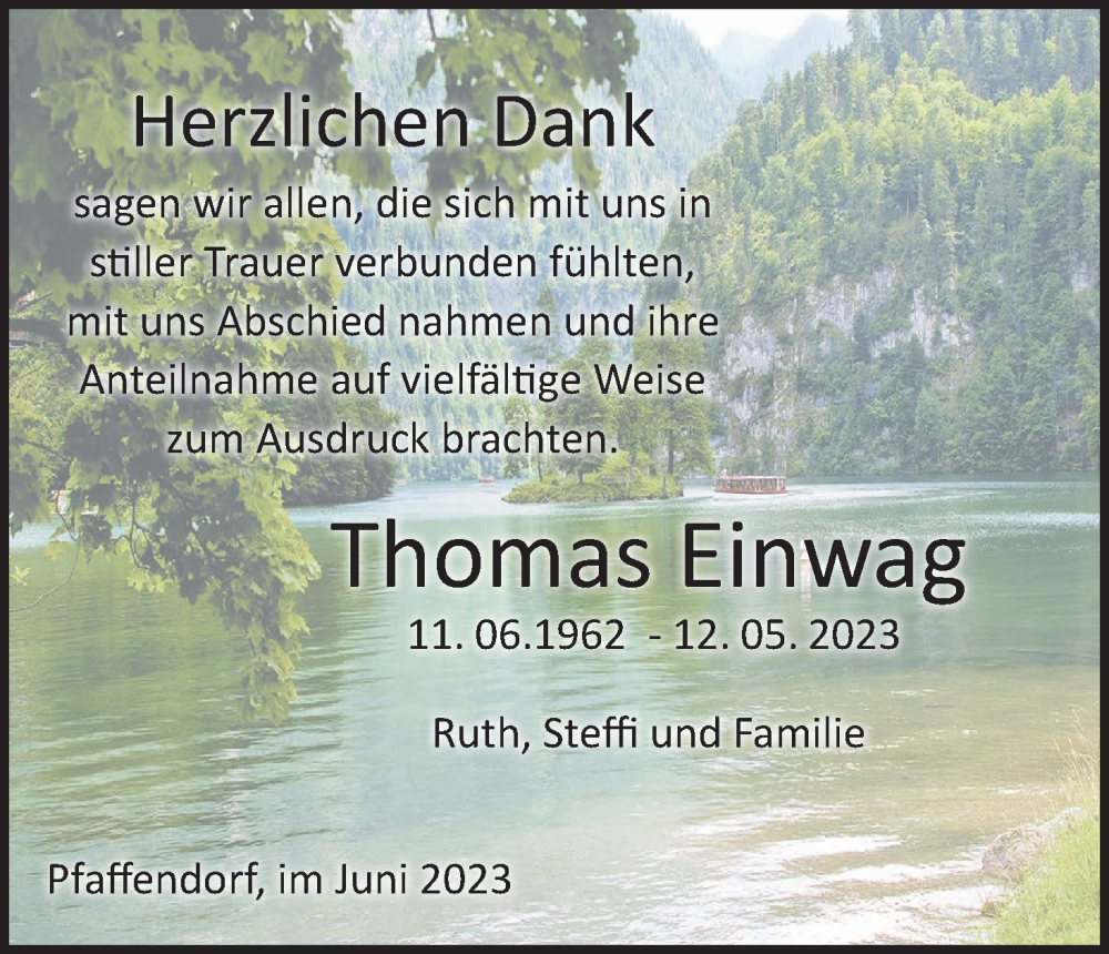  Traueranzeige für Thomas Einwag vom 17.06.2023 aus MGO