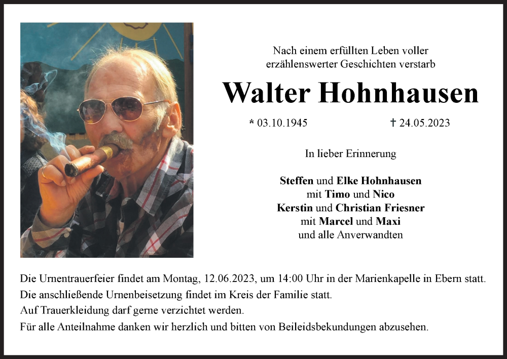  Traueranzeige für Walter Hohnhausen vom 03.06.2023 aus MGO