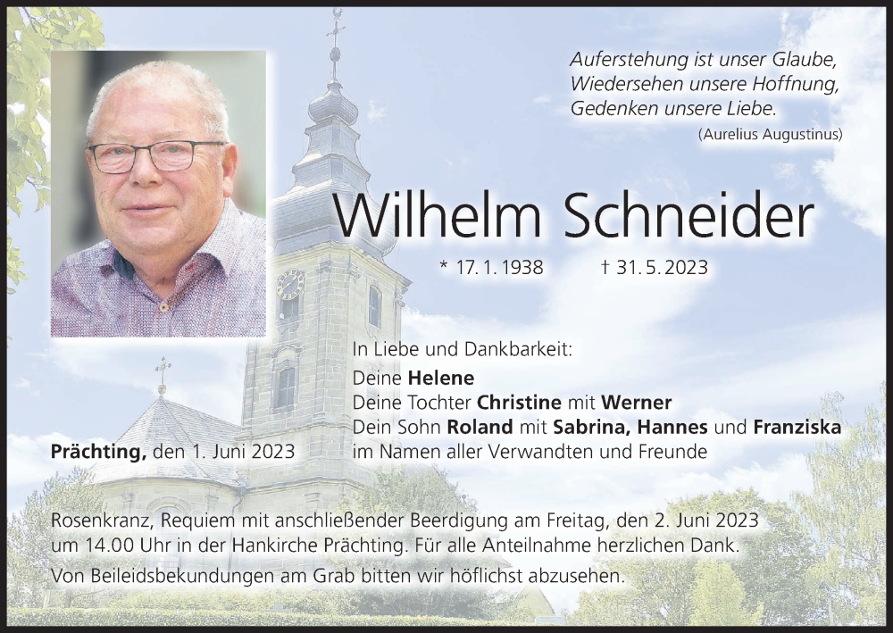  Traueranzeige für Wilhelm Schneider vom 01.06.2023 aus MGO