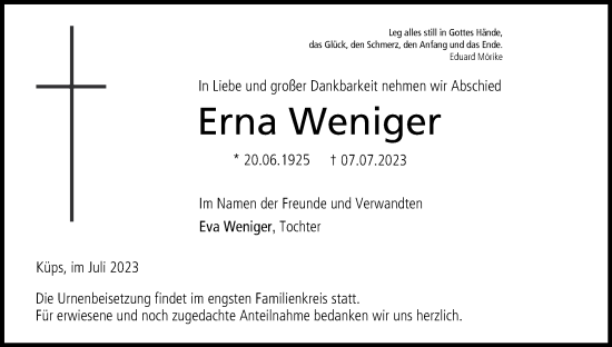 Anzeige von Erna Weniger von MGO