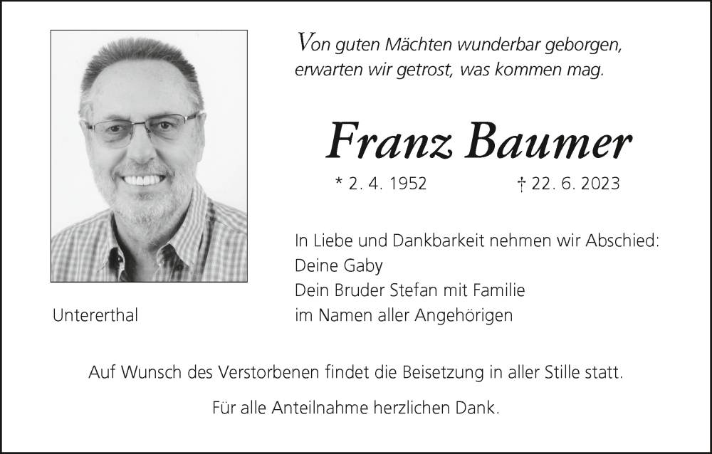  Traueranzeige für Franz Baumer vom 01.07.2023 aus MGO