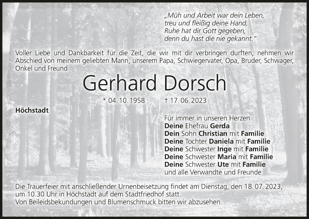  Traueranzeige für Gerhard Dorsch vom 15.07.2023 aus MGO