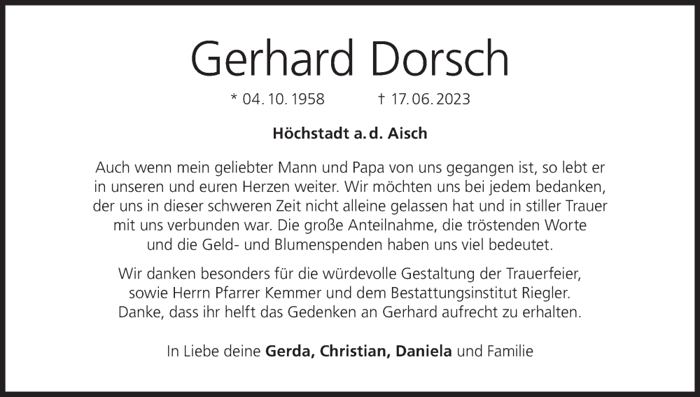  Traueranzeige für Gerhard Dorsch vom 22.07.2023 aus MGO