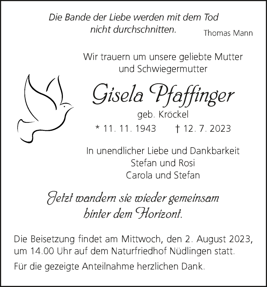  Traueranzeige für Gisela Pfaffinger vom 15.07.2023 aus MGO