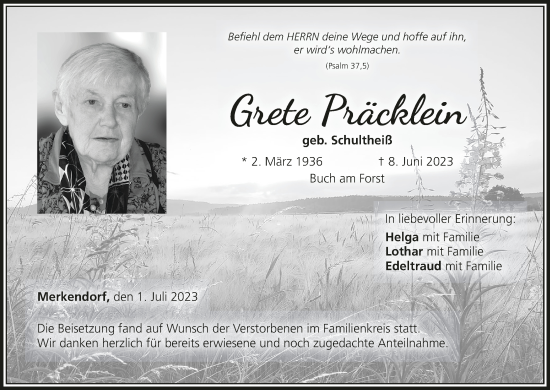 Anzeige von Grete Präcklein von MGO