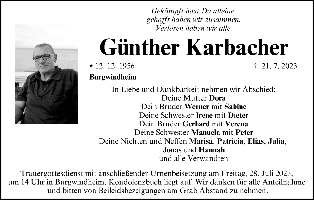 Traueranzeige für Günther Karbacher vom 25.07.2023 aus MGO