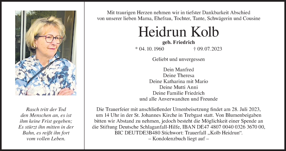  Traueranzeige für Heidrun Kolb vom 25.07.2023 aus MGO