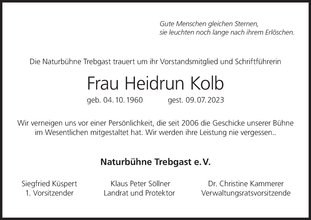  Traueranzeige für Heidrun Kolb vom 25.07.2023 aus MGO