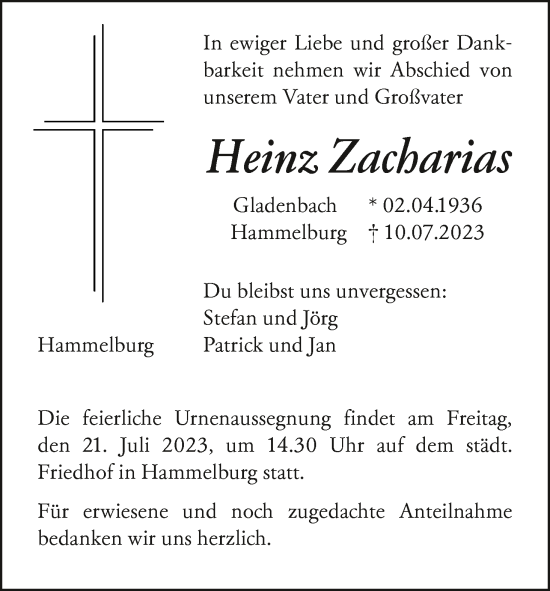 Anzeige von Heinz Zacharias von MGO