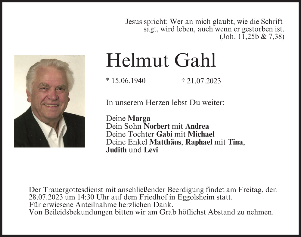  Traueranzeige für Helmut Gahl vom 26.07.2023 aus MGO