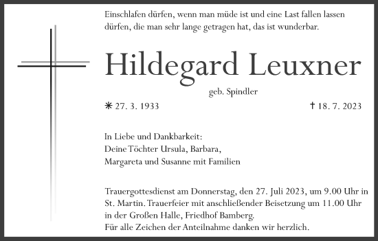 Traueranzeige von Hildegard Leuxner