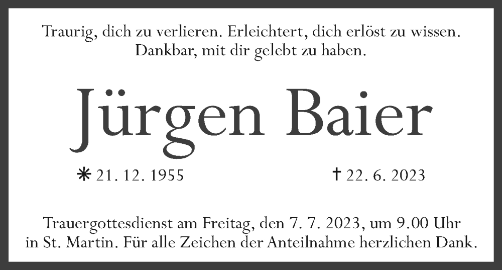  Traueranzeige für Jürgen Baier vom 05.07.2023 aus MGO