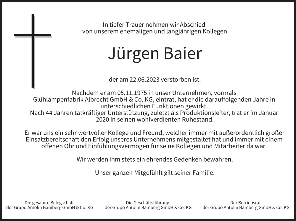  Traueranzeige für Jürgen Baier vom 04.07.2023 aus MGO