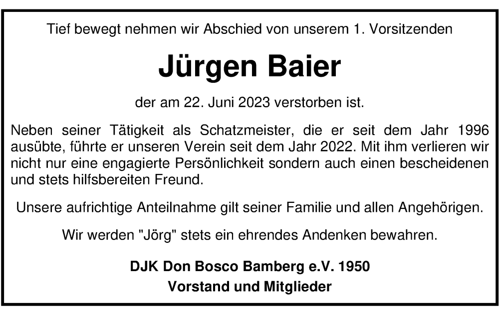  Traueranzeige für Jürgen Baier vom 01.07.2023 aus MGO