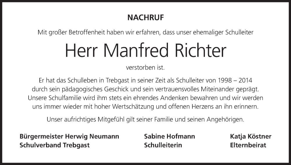  Traueranzeige für Manfred Richter vom 08.07.2023 aus MGO