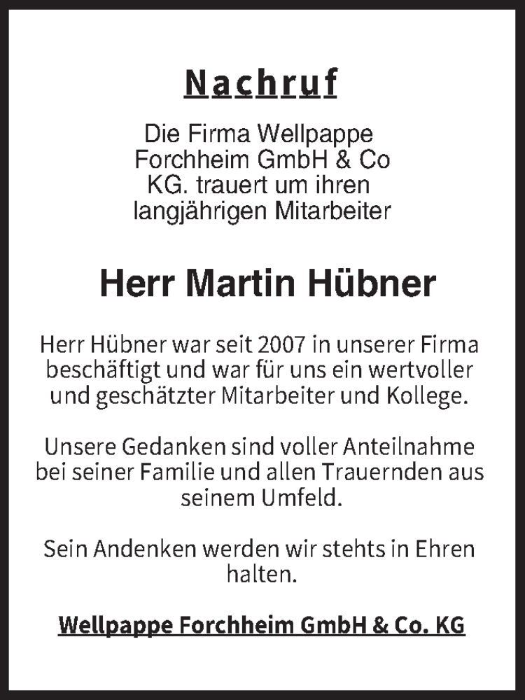  Traueranzeige für Martin Hübner vom 01.07.2023 aus MGO