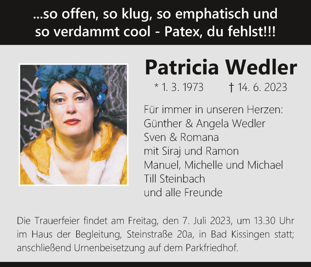  Traueranzeige für Patricia Wedler vom 01.07.2023 aus MGO