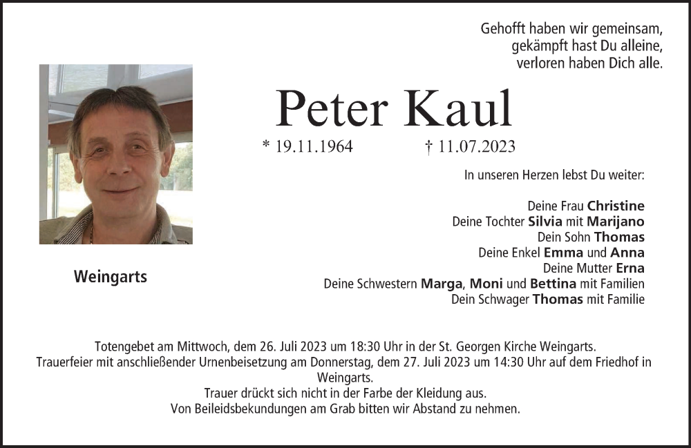 Traueranzeige für Peter Kaul vom 22.07.2023 aus MGO