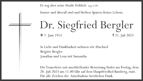 Anzeige von Siegfried Bergler von MGO