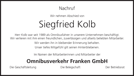 Anzeige von Siegfried Kolb von MGO