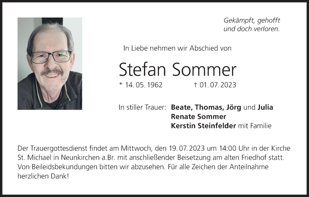  Traueranzeige für Stefan Sommer vom 15.07.2023 aus MGO