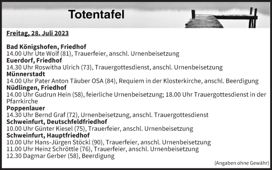 Anzeige von Totentafel vom 28.07.2023 von MGO