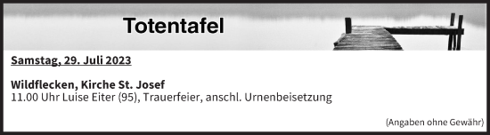 Anzeige von Totentafel vom 29.07.2023 von MGO