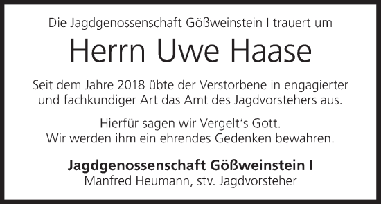 Anzeige von Uwe Haase von MGO