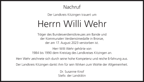 Anzeige von Willi Wehr von MGO