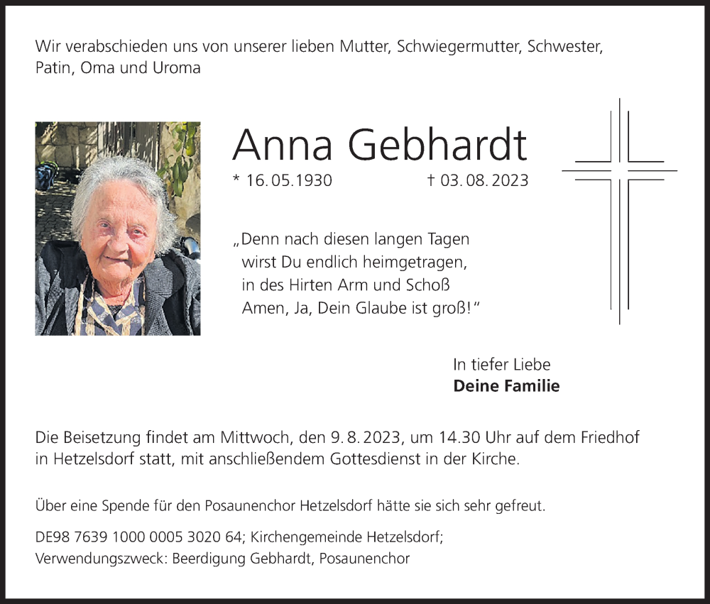  Traueranzeige für Anna Gebhardt vom 08.08.2023 aus MGO