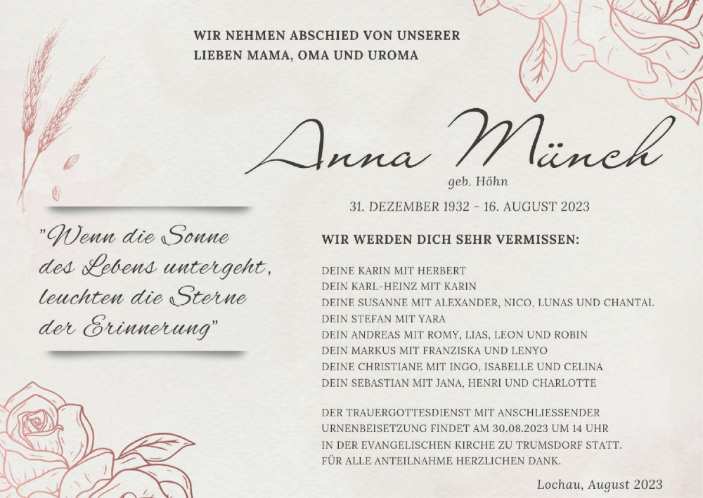  Traueranzeige für Anna Münch vom 26.08.2023 aus MGO