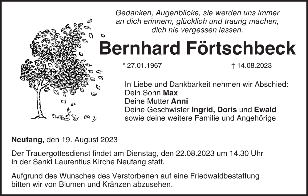  Traueranzeige für Bernhard Förtschbeck vom 19.08.2023 aus MGO