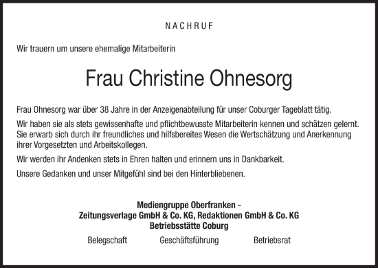 Anzeige von Christine Ohnesorg von MGO